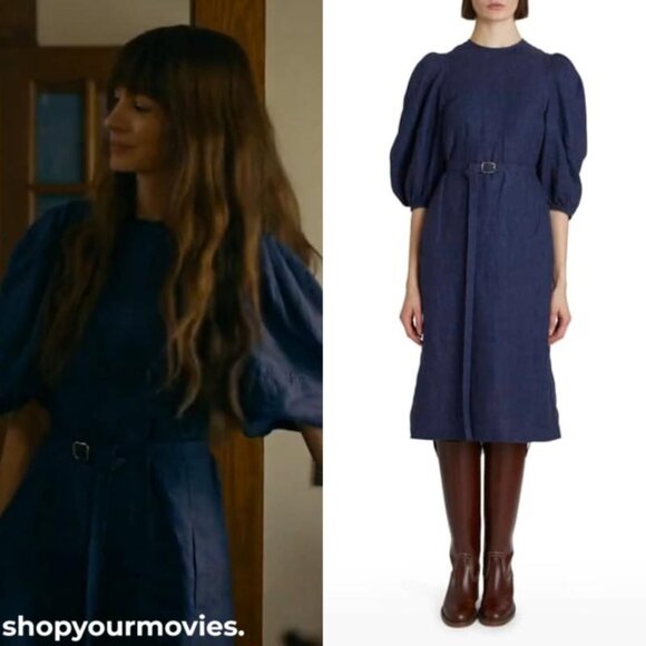 CHLOE Belted Puff Sleeve Midi Linen Dress, EUC Size 8/40 - Picture 1 of 5